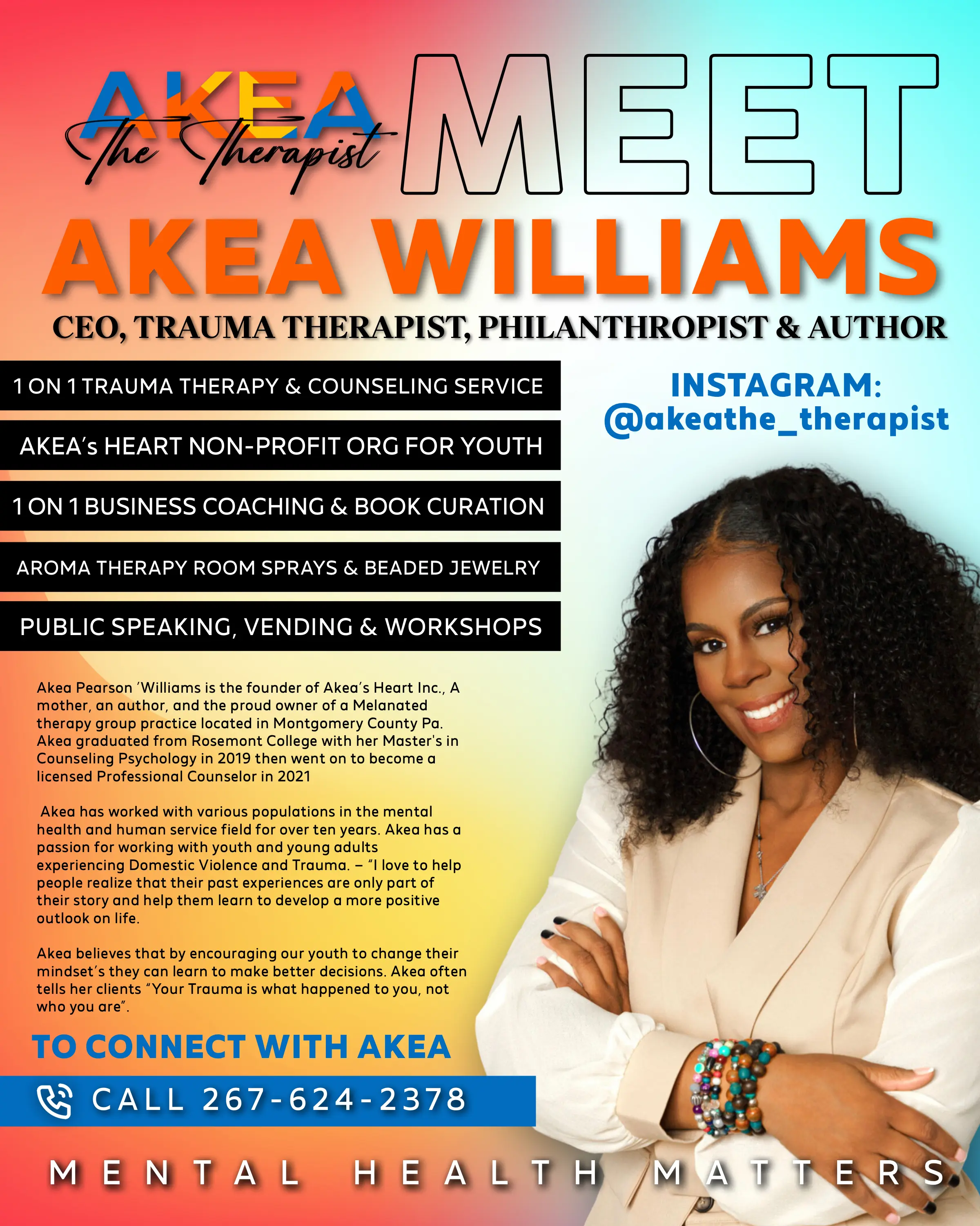 Akea Williams laughing warmly, seated in a director's chair