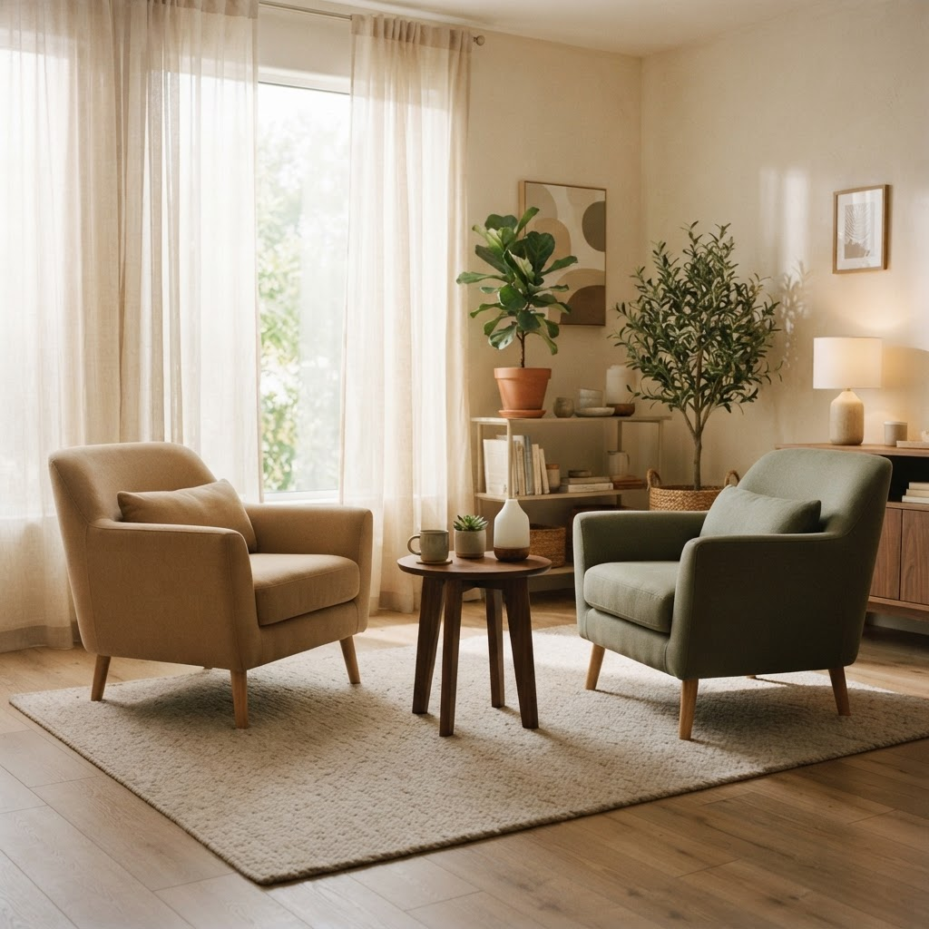 A calm, sunlit counseling room with two comfortable armchairs facing each other