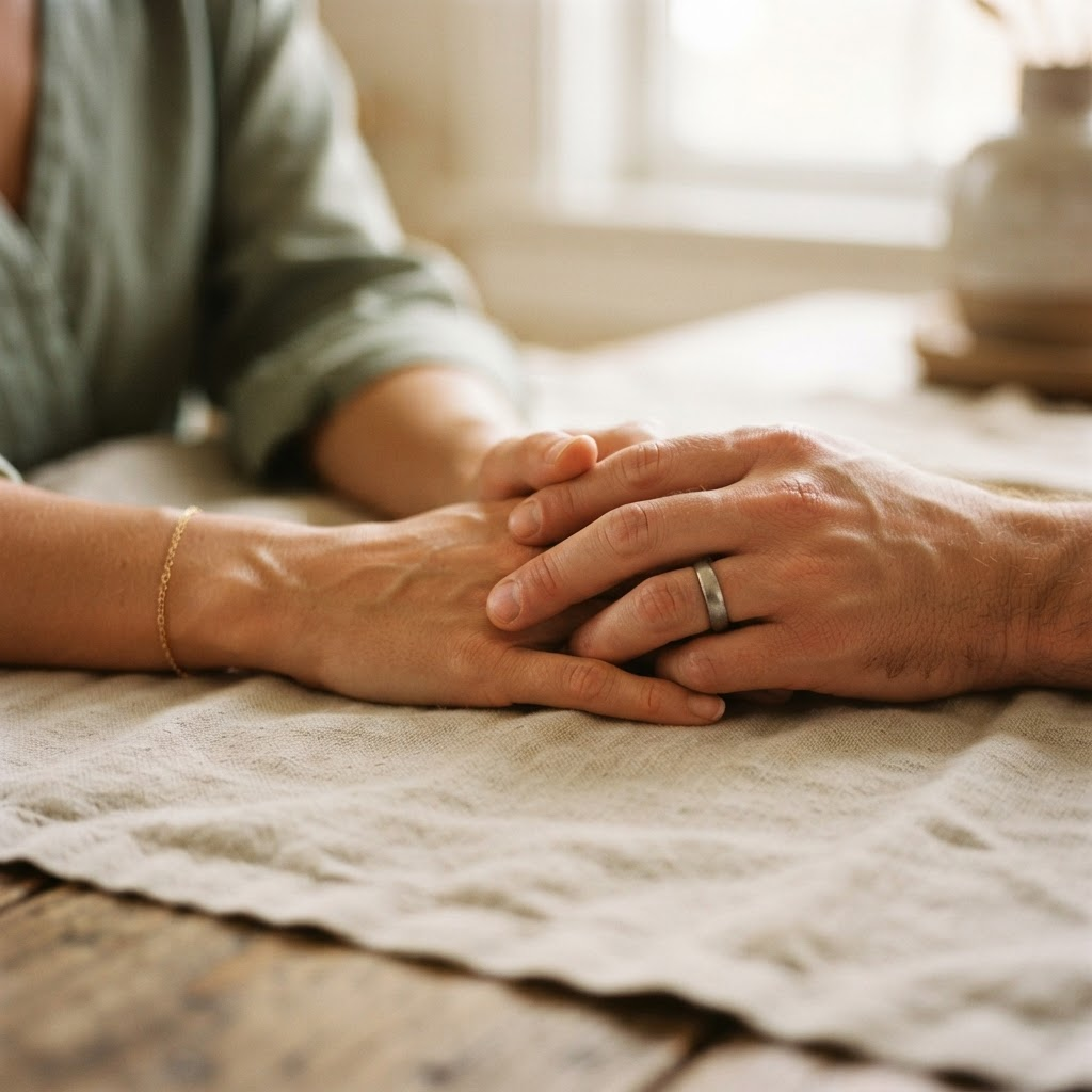 Two hands resting gently together, one offering comfort to the other
