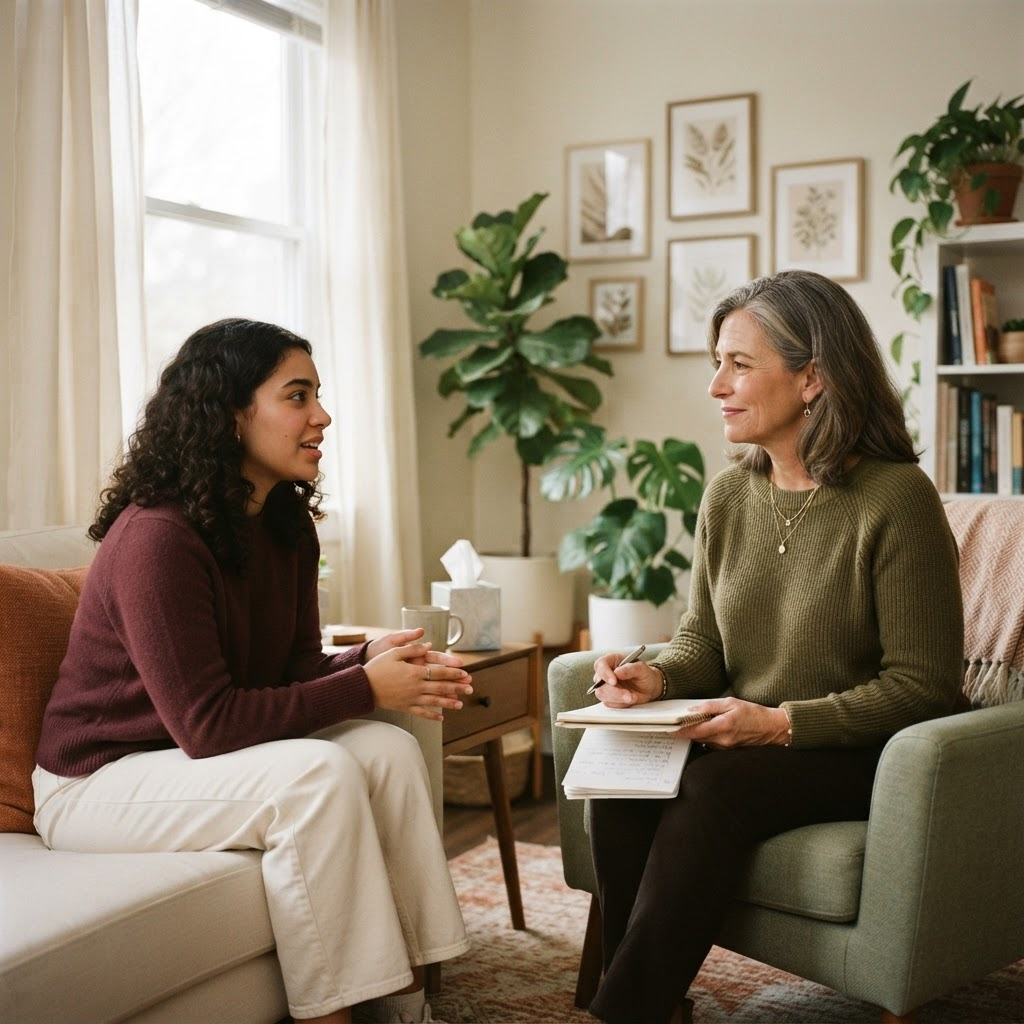 A compassionate one-on-one counseling session in a warm, comfortable room