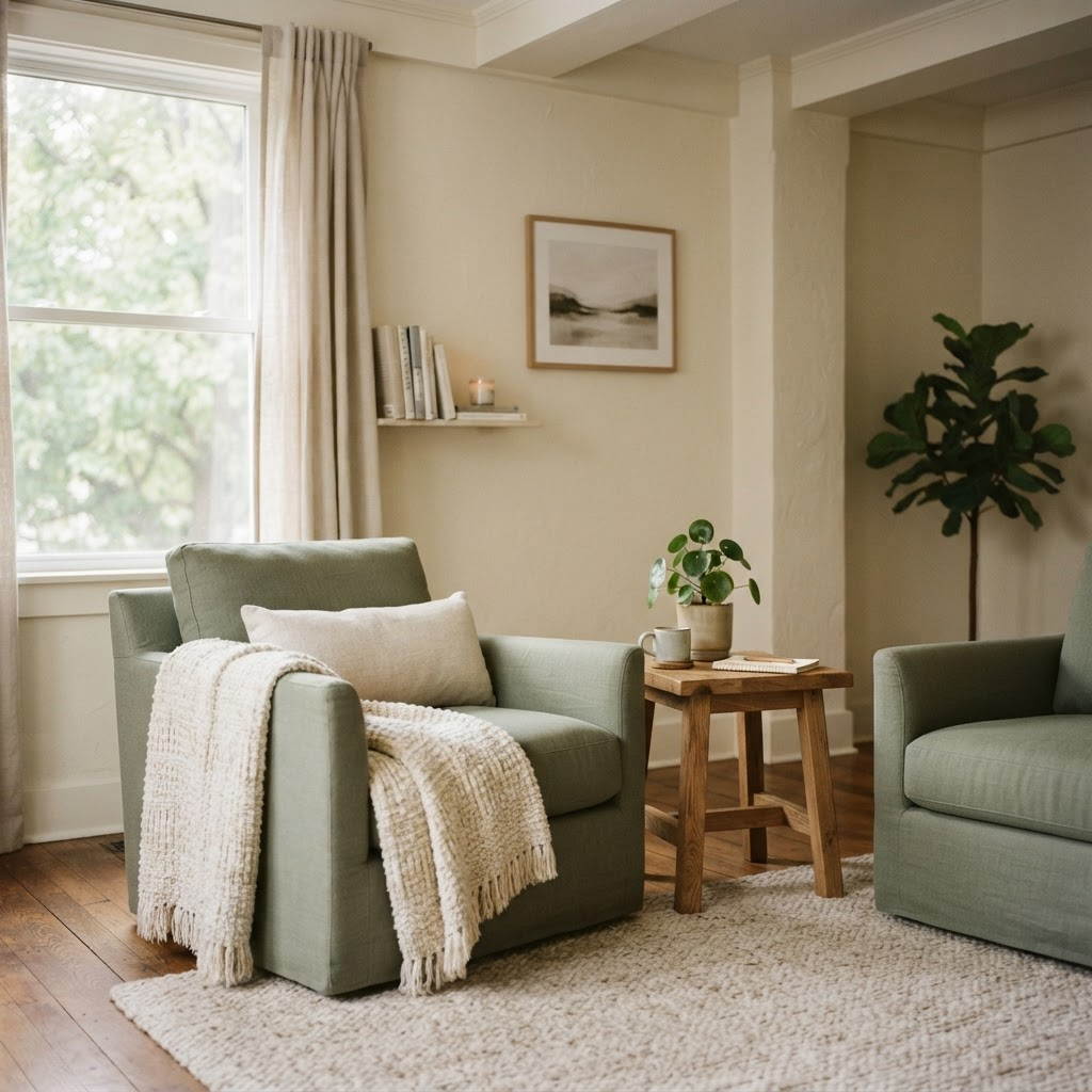 A calm, softly lit counseling room with a comfortable armchair and natural light